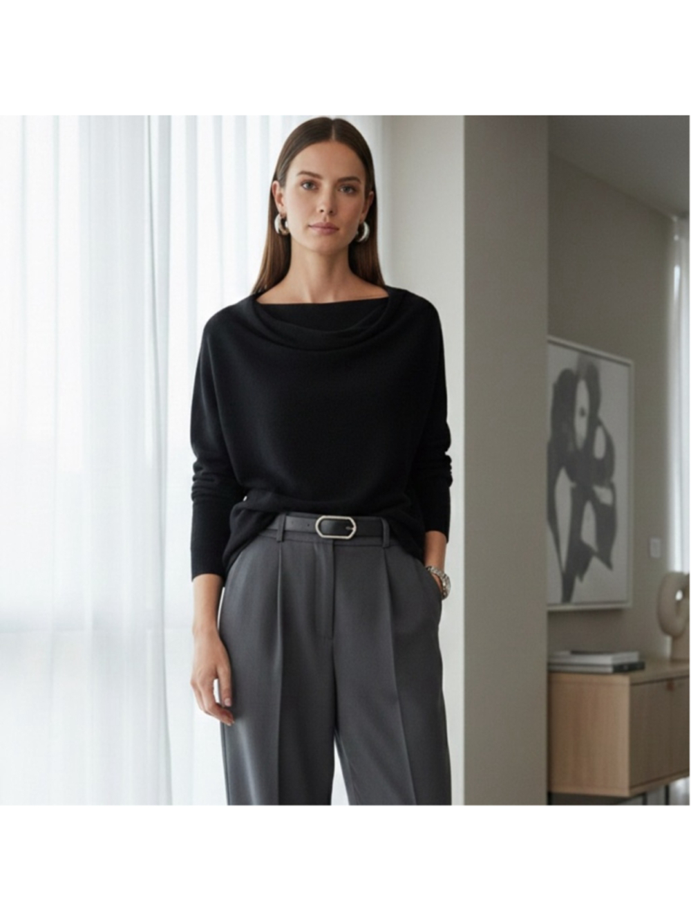 NEW Cynthia Rowley 100% Merino Drape Neck Black Sweater Size M